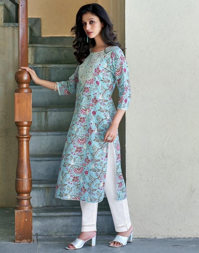 White Cotton Printed Straight Kurta Set