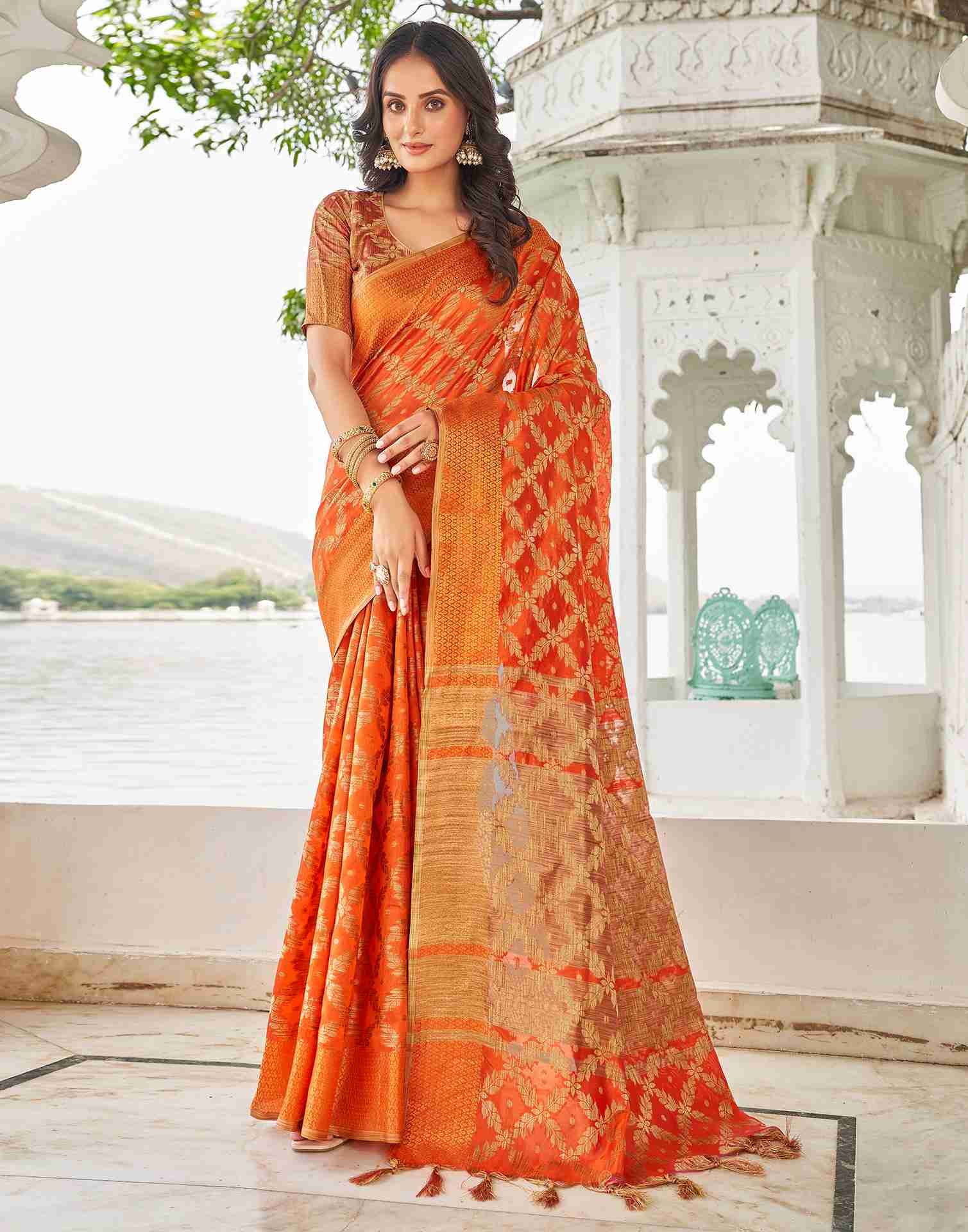 Orange Coloured Banarasi Cotton Silk Saree