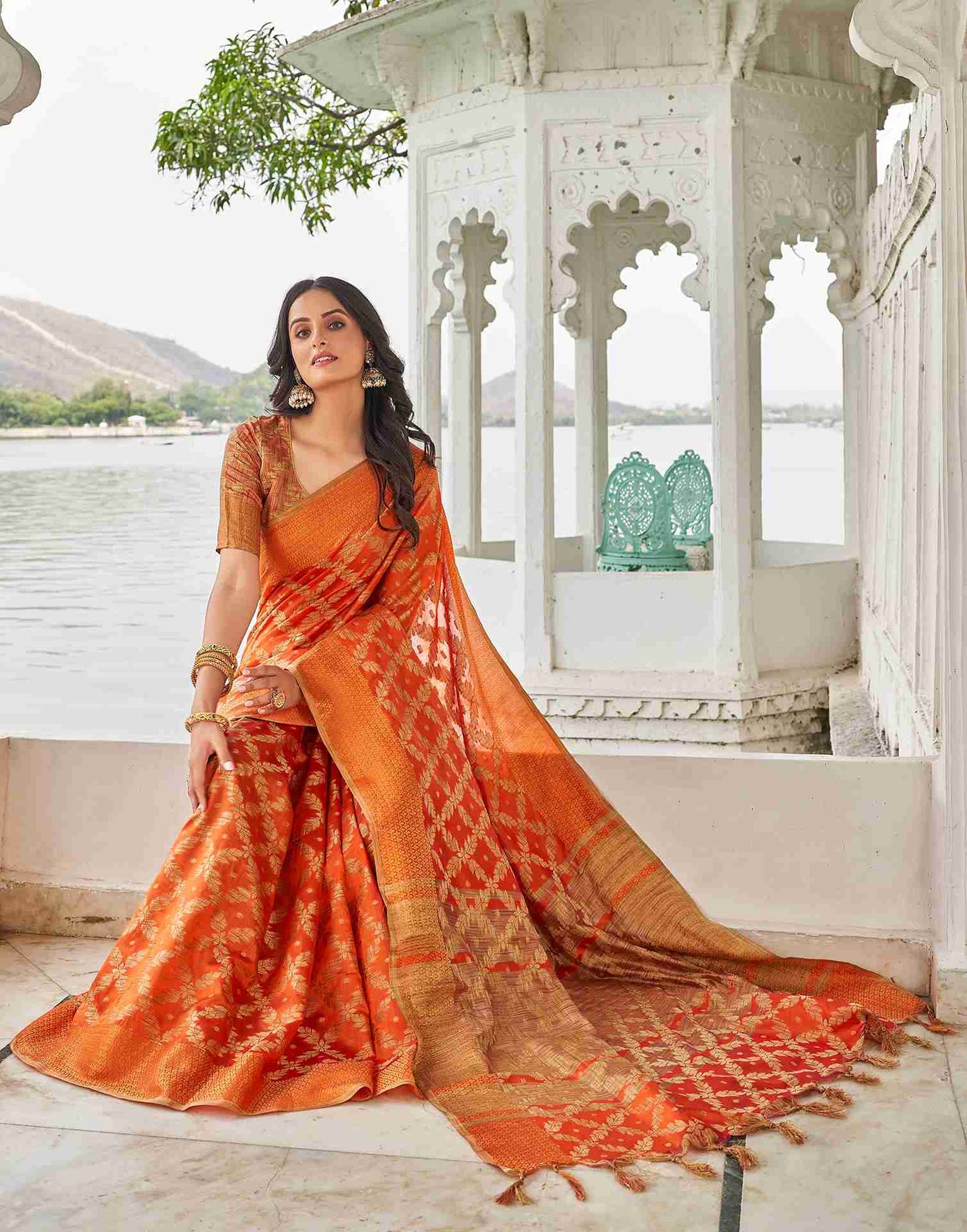 Orange Coloured Banarasi Cotton Silk Saree