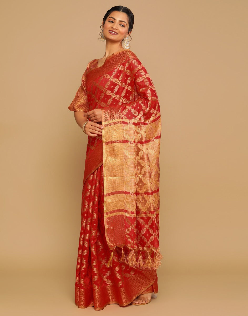 Red Coloured Banarasi Cotton Silk Saree | Sudathi