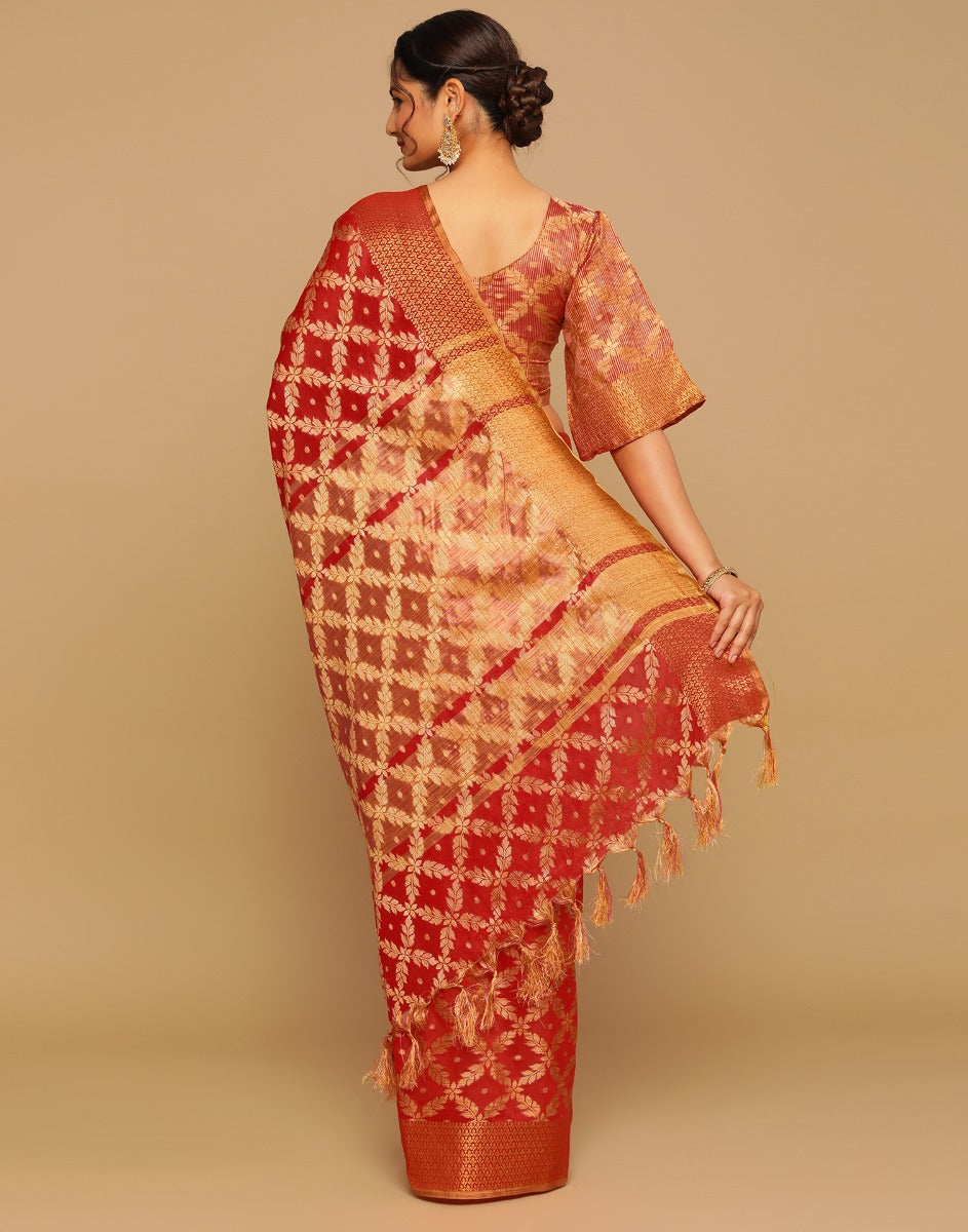 Red Coloured Banarasi Cotton Silk Saree | Sudathi