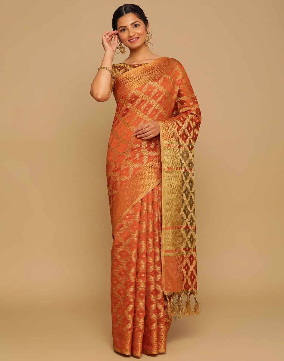 Orange Coloured Banarasi Cotton Silk Saree | Sudathi