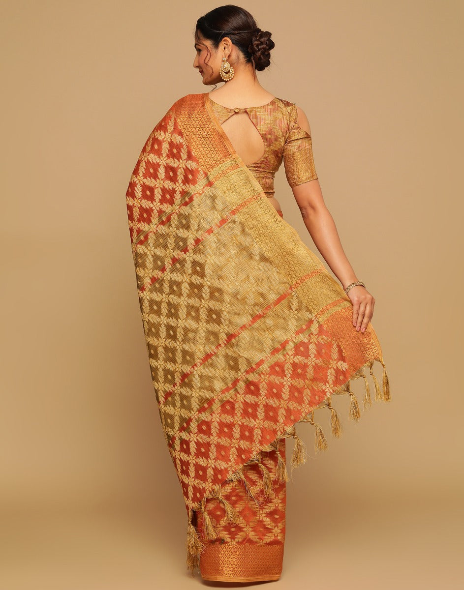 Orange Coloured Banarasi Cotton Silk Saree | Sudathi