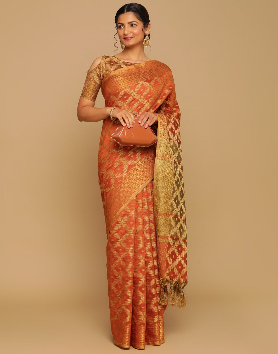 Orange Coloured Banarasi Cotton Silk Saree | Sudathi