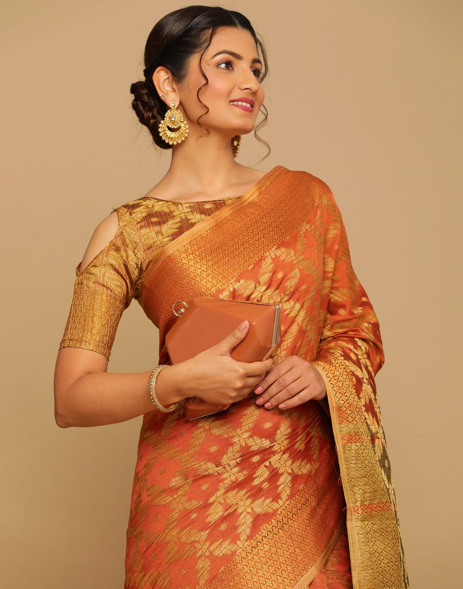 Orange Coloured Banarasi Cotton Silk Saree | Sudathi