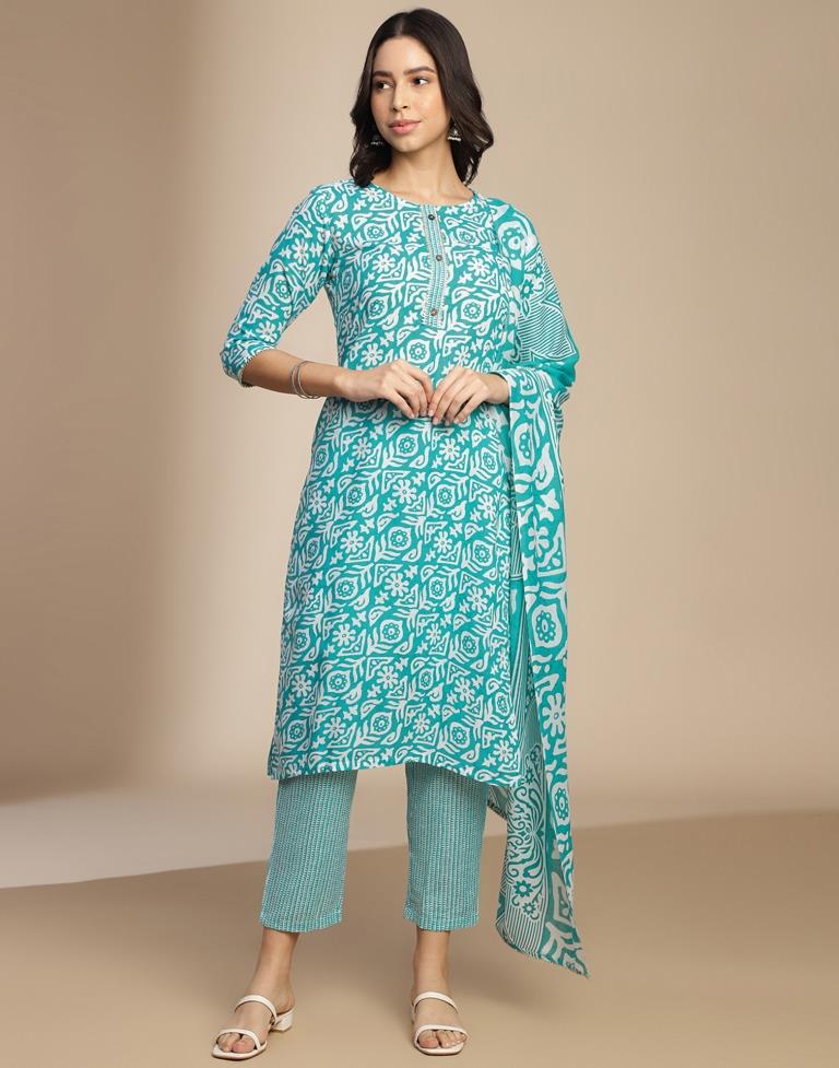 Blue Printed Cotton Straight Kurta Set with Dupatta