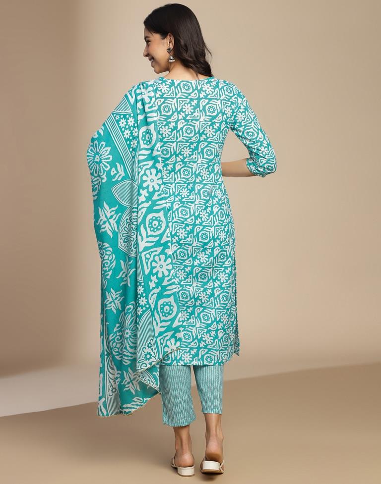 Blue Printed Cotton Straight Kurta Set with Dupatta