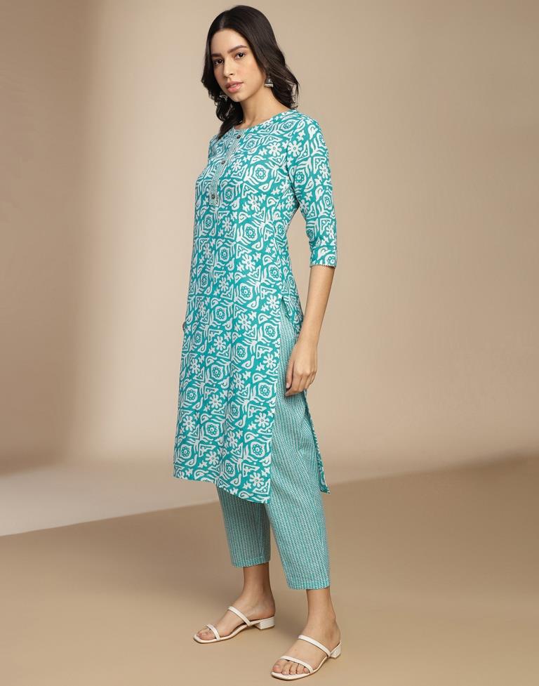 Blue Printed Cotton Straight Kurta Set with Dupatta