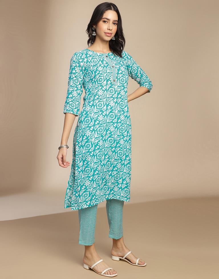 Blue Printed Cotton Straight Kurta Set with Dupatta