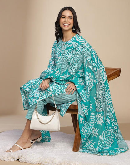 Blue Printed Cotton Straight Kurta Set with Dupatta