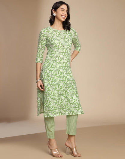 Green Printed Cotton Straight Kurta Set with Dupatta