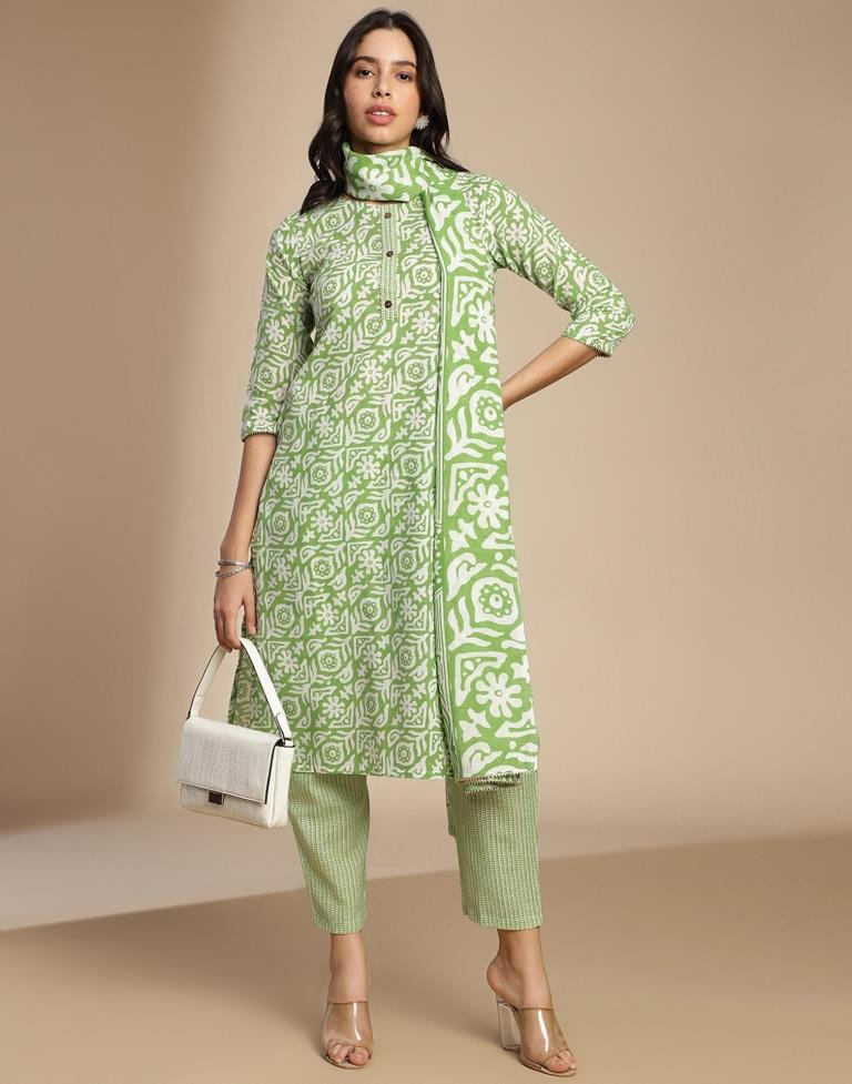 Green Printed Cotton Straight Kurta Set with Dupatta