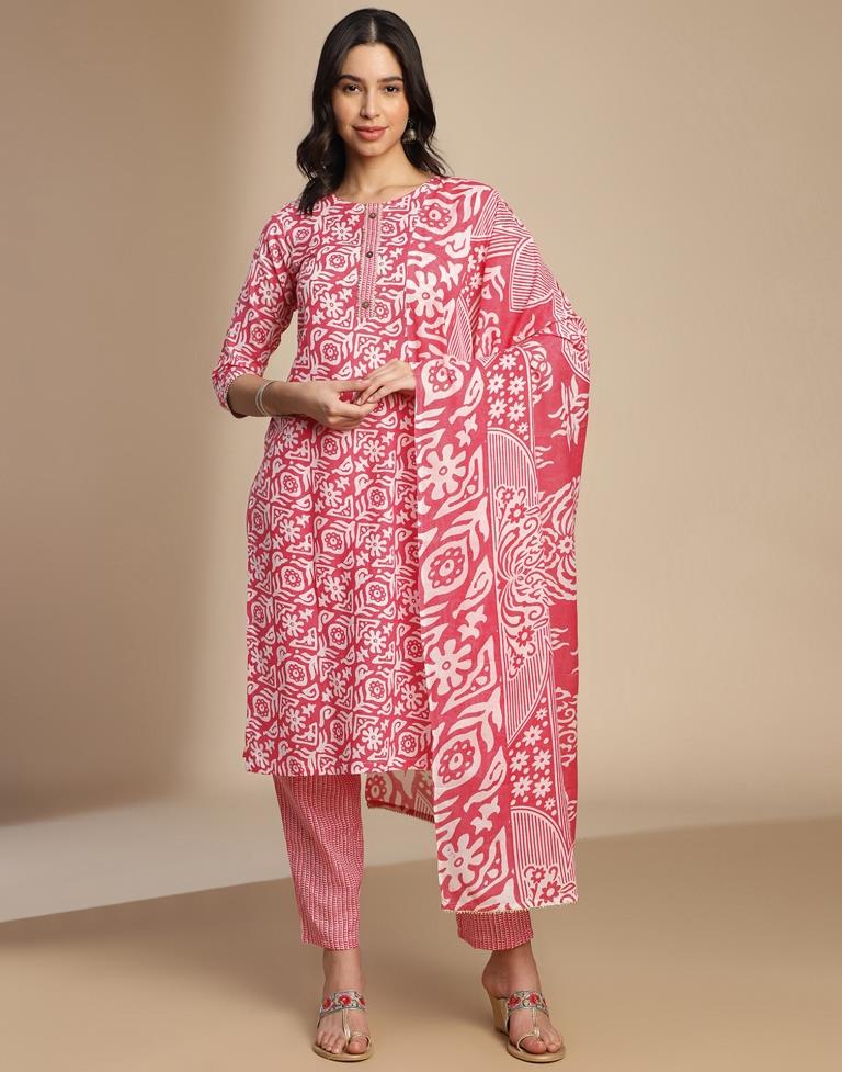 Pink Printed Cotton Straight Kurta Set with Dupatta