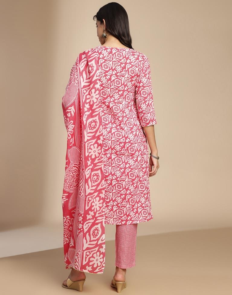 Pink Printed Cotton Straight Kurta Set with Dupatta