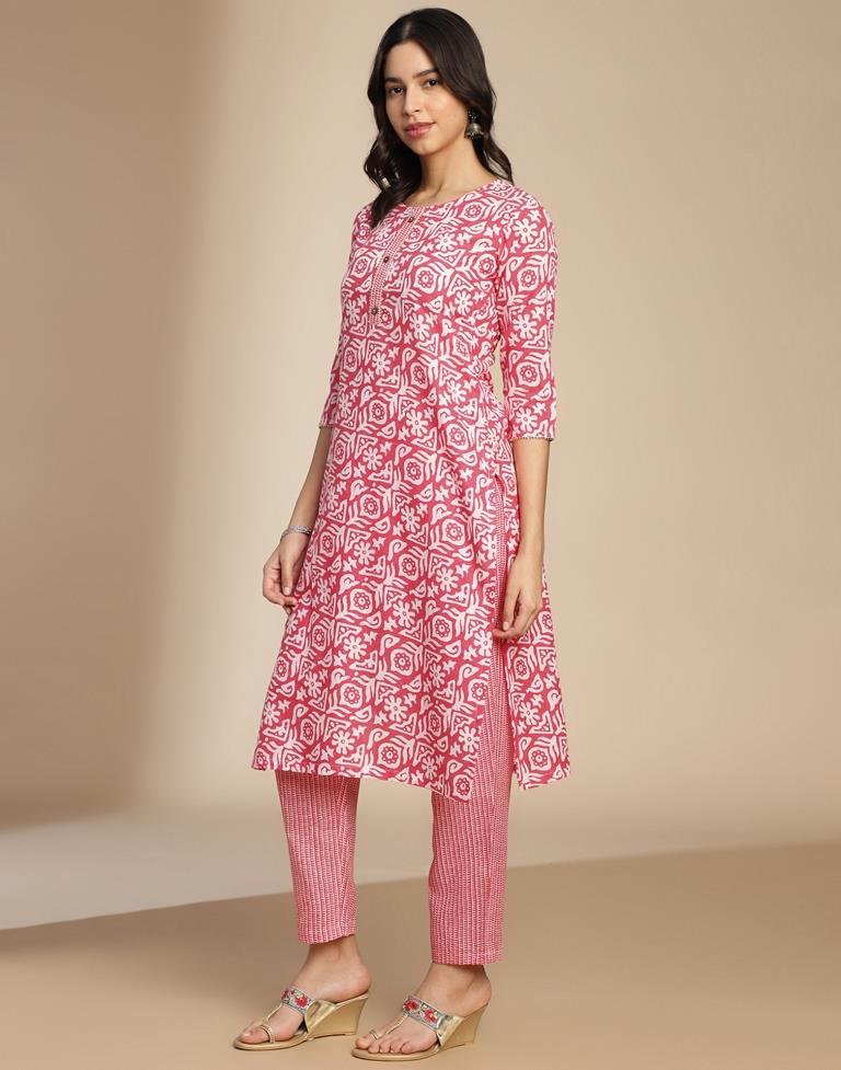 Pink Printed Cotton Straight Kurta Set with Dupatta