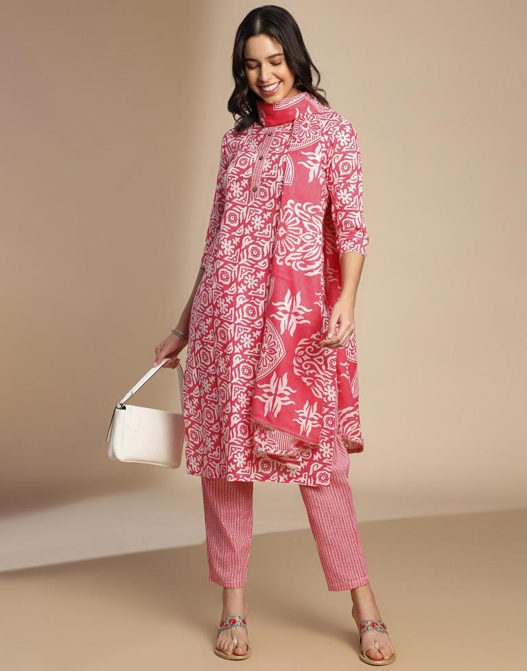 Pink Printed Cotton Straight Kurta Set with Dupatta