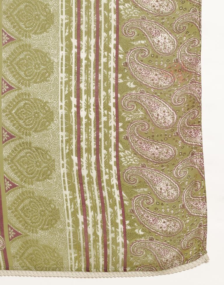 Olive Green Printed Cotton A-Line Kurta Set with Dupatta