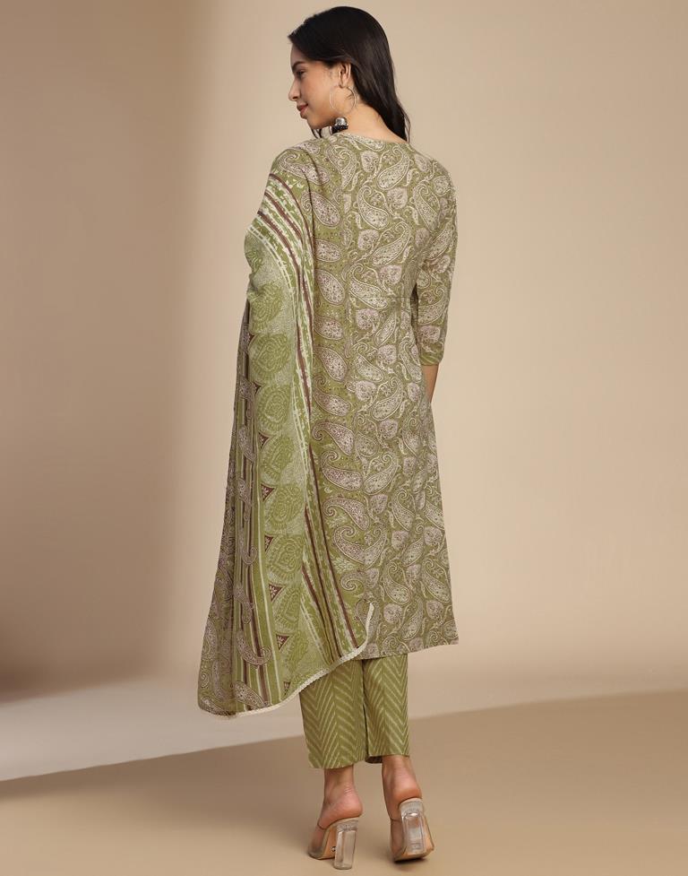 Olive Green Printed Cotton A-Line Kurta Set with Dupatta