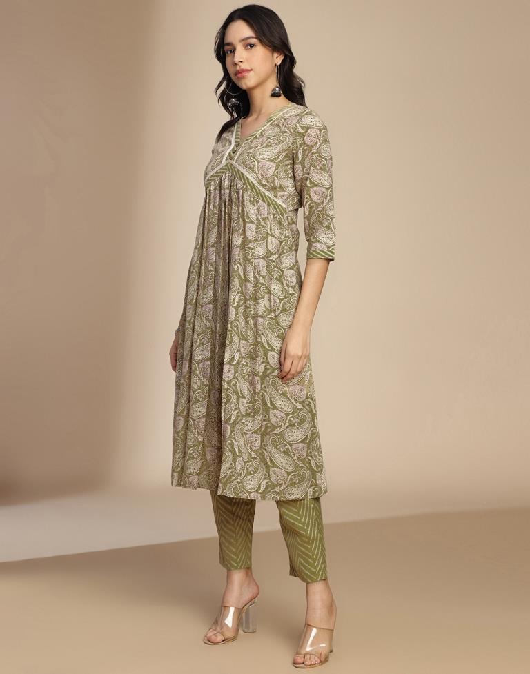 Olive Green Printed Cotton A-Line Kurta Set with Dupatta