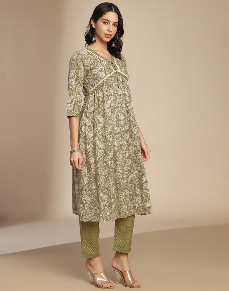 Olive Green Printed Cotton A-Line Kurta Set with Dupatta