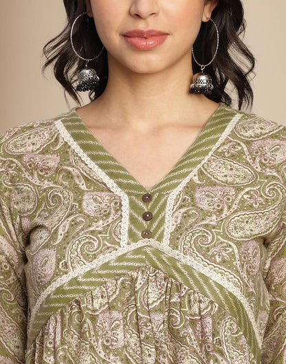 Olive Green Printed Cotton A-Line Kurta Set with Dupatta