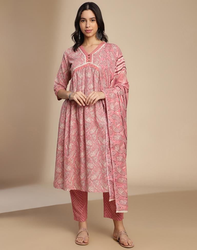 Pink Printed Cotton A-Line Kurta Set with Dupatta