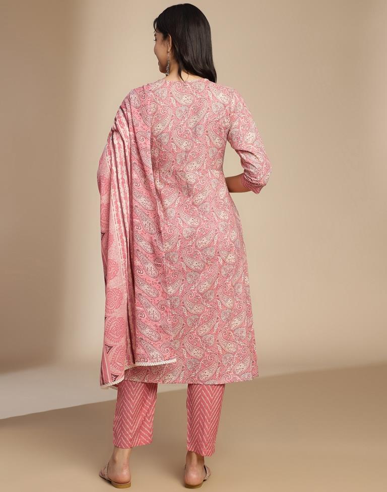 Pink Printed Cotton A-Line Kurta Set with Dupatta