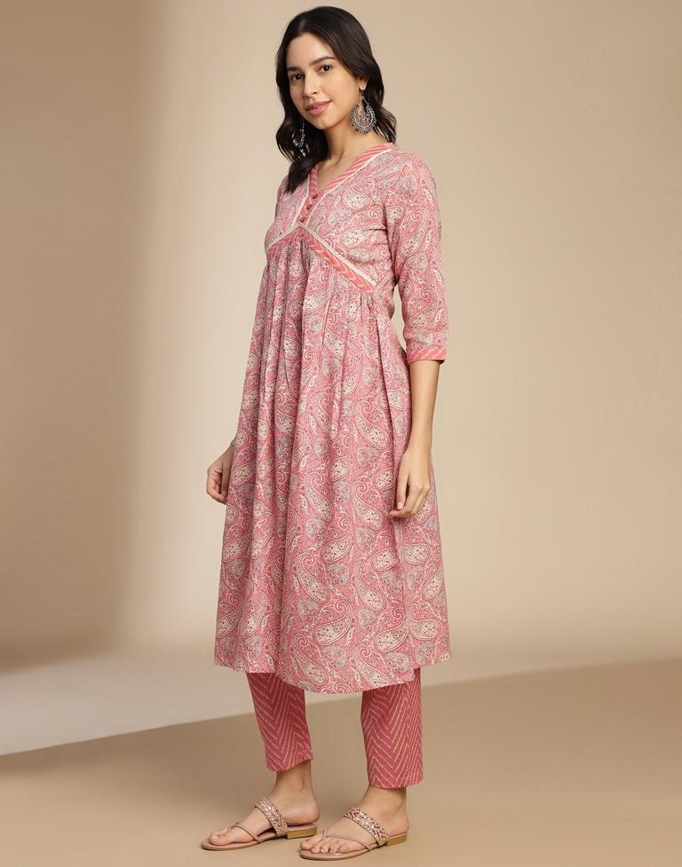 Pink Printed Cotton A-Line Kurta Set with Dupatta