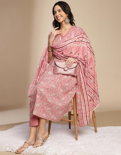 Pink Printed Cotton A-Line Kurta Set with Dupatta