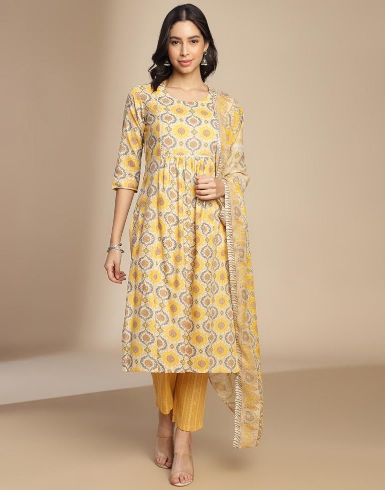 Beige Cotton Printed A-Line Kurta Set