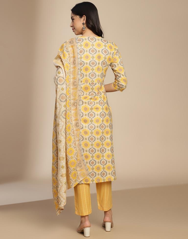 Beige Cotton Printed A-Line Kurta Set