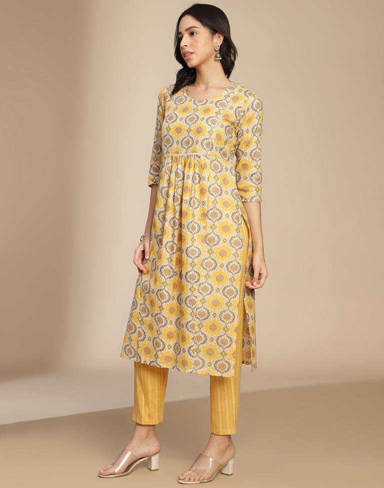 Beige Cotton Printed A-Line Kurta Set