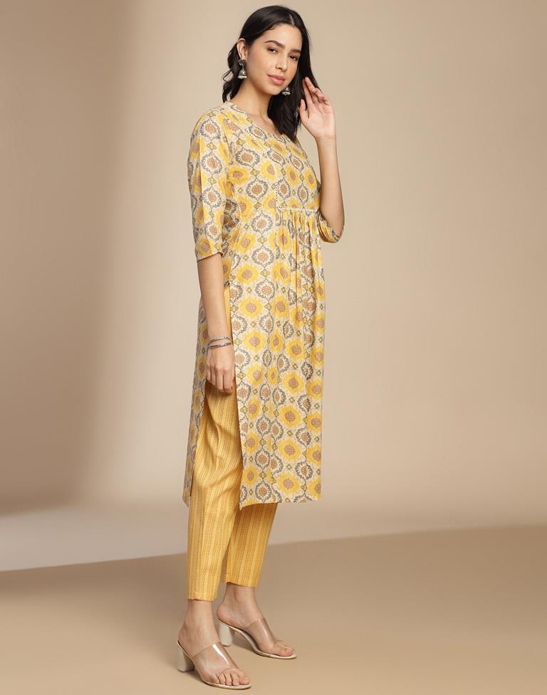 Beige Cotton Printed A-Line Kurta Set