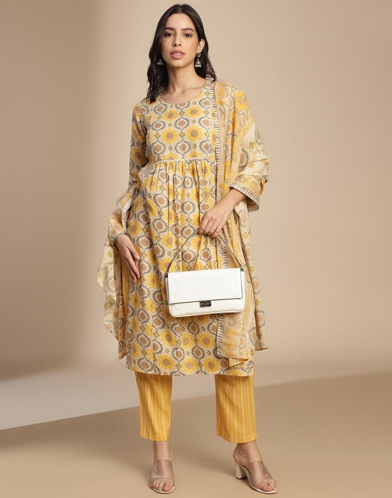 Beige Cotton Printed A-Line Kurta Set