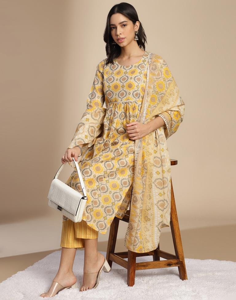 Beige Cotton Printed A-Line Kurta Set