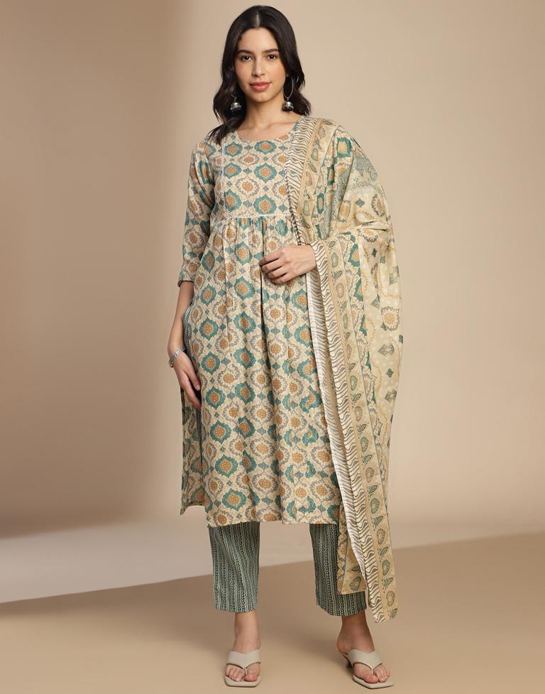 Beige Cotton Printed A-Line Kurta Set