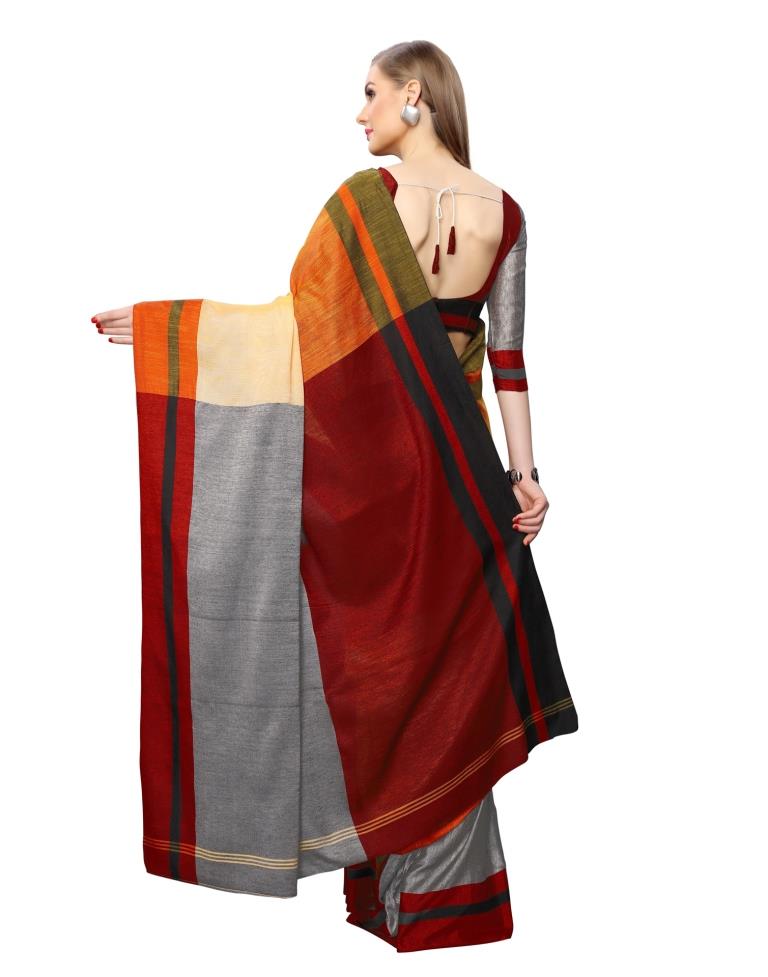 Grey Coloured Poly Cotton Woven Stripes Casual saree | Sudathi