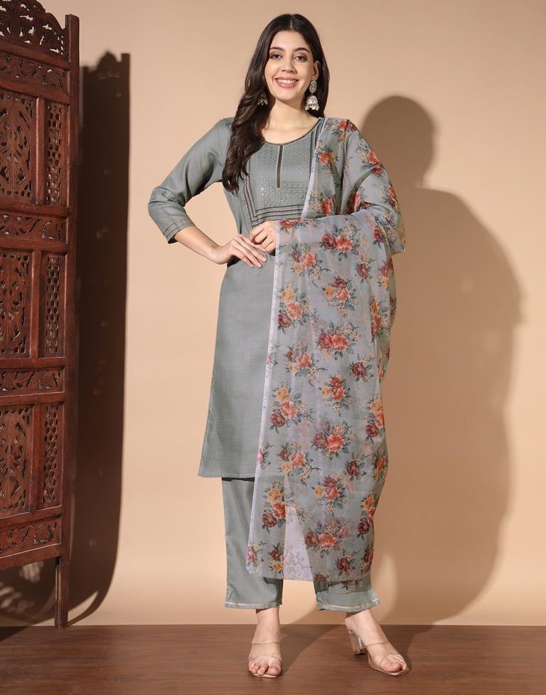 Grey Cotton Embroidery Straight Kurta Set