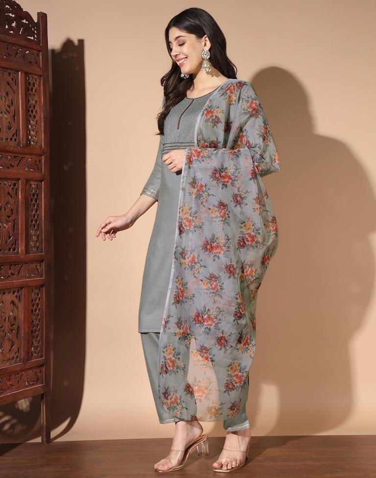 Grey Cotton Embroidery Straight Kurta Set