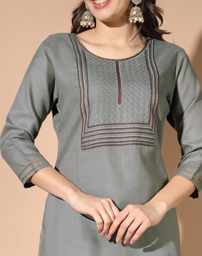 Grey Cotton Embroidery Straight Kurta Set