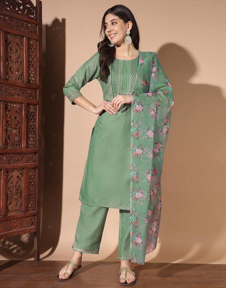 Pista Green Cotton Embroidery Straight Kurta Set