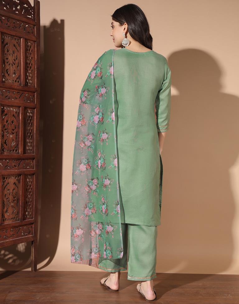 Pista Green Cotton Embroidery Straight Kurta Set