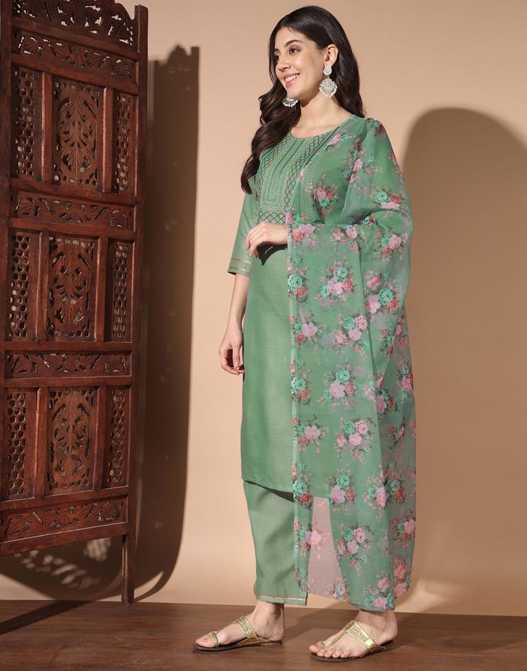 Pista Green Cotton Embroidery Straight Kurta Set