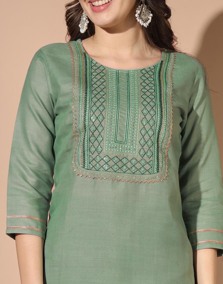 Pista Green Cotton Embroidery Straight Kurta Set