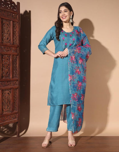 Blue Cotton Printed Kurta Set With Dupatta