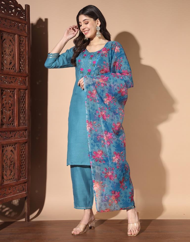 Blue Cotton Printed Kurta Set With Dupatta