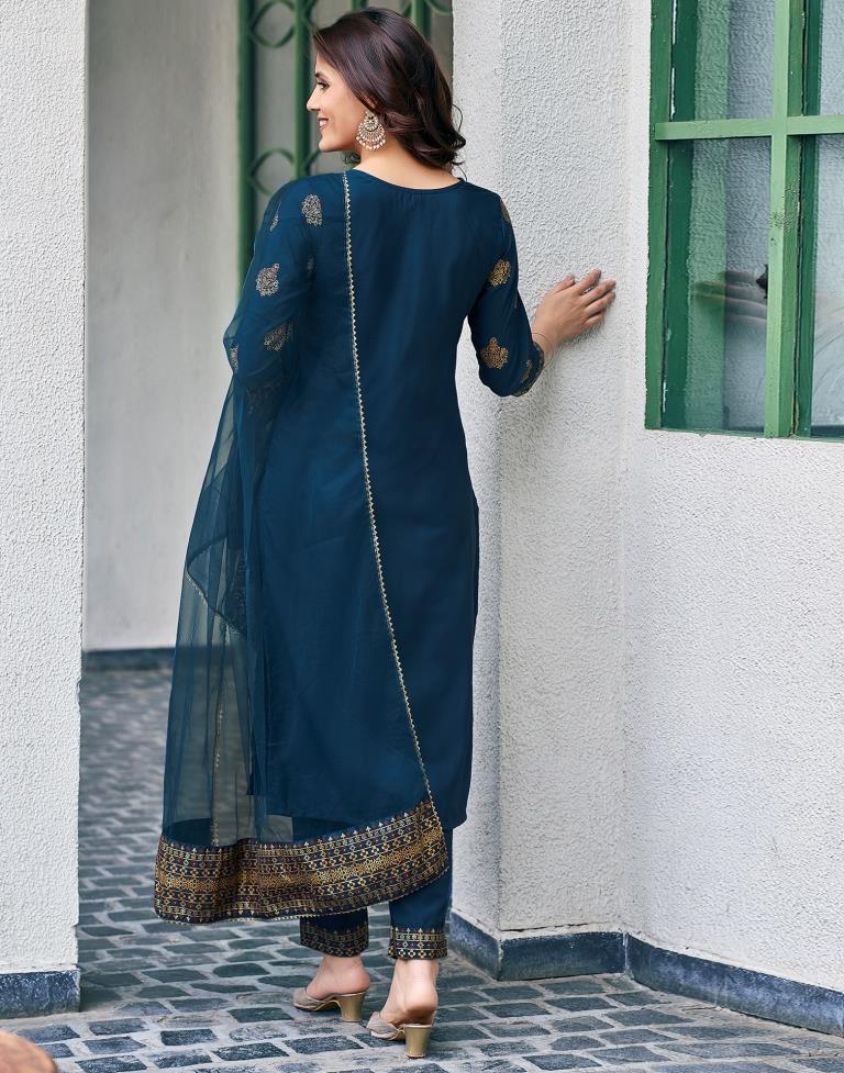 Teal Blue Cotton Kurta Set with Dupatta