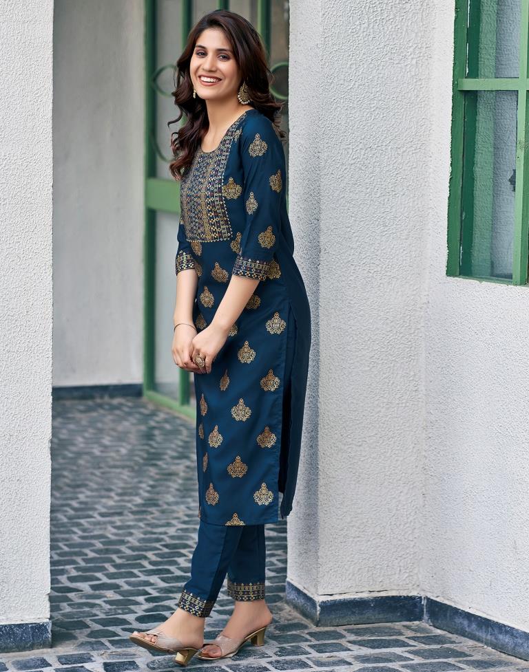 Teal Blue Cotton Kurta Set with Dupatta