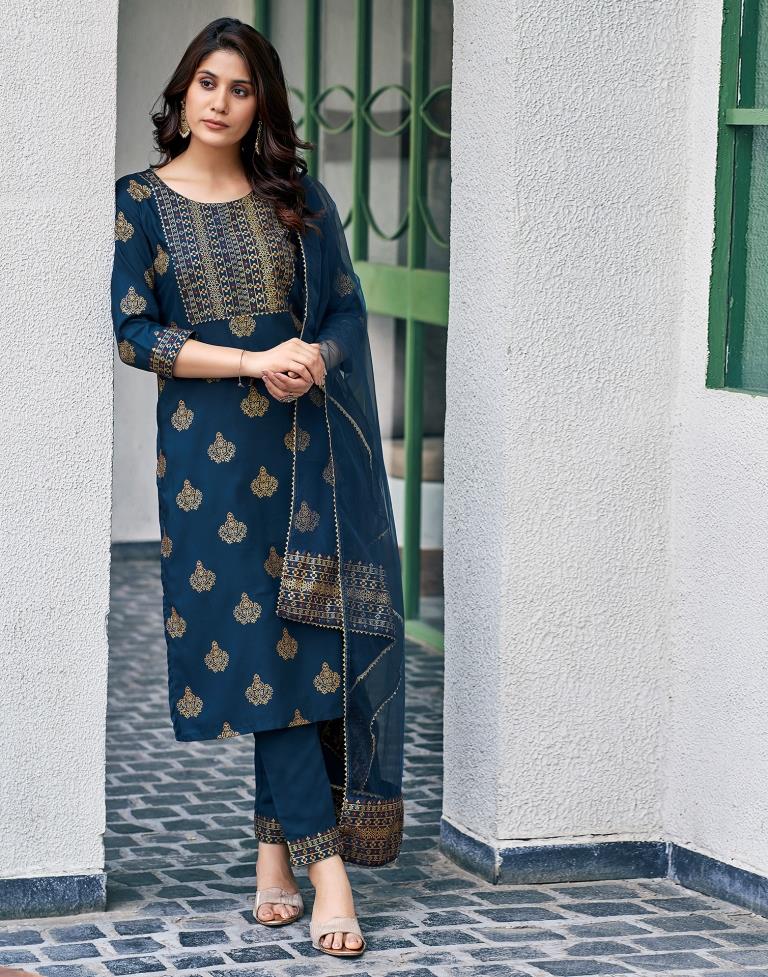 Teal Blue Cotton Kurta Set with Dupatta