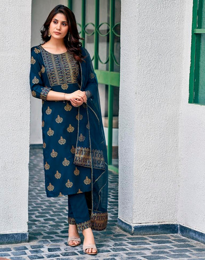 Teal Blue Cotton Kurta Set with Dupatta